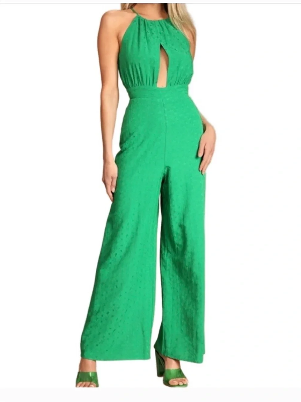 Lulus Green Wide Leg Jumpsuit Womens Small Open Back 27.5 Inseam - Picture 1 of 7